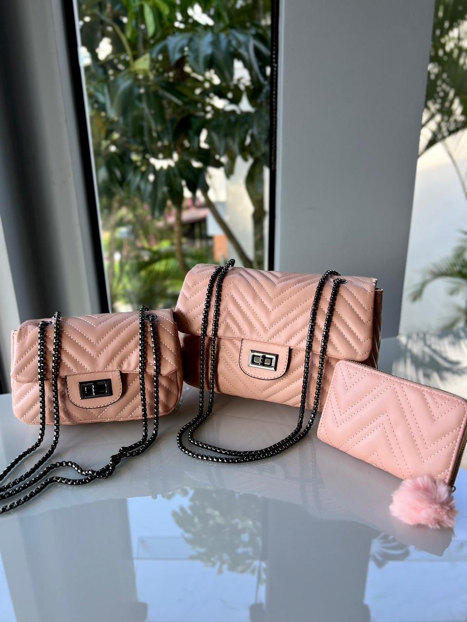 Combo de bolsas transversal e carteira rosa